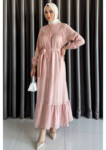 Boydan Düğmeli Fırfırlı Bel Kuşak Detaylı Tesettür Elbise P-00017561 fiyatları