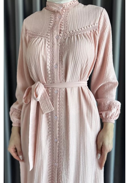 Boydan Düğmeli Fırfırlı Bel Kuşak Detaylı Tesettür Elbise P-00017561 modelleri