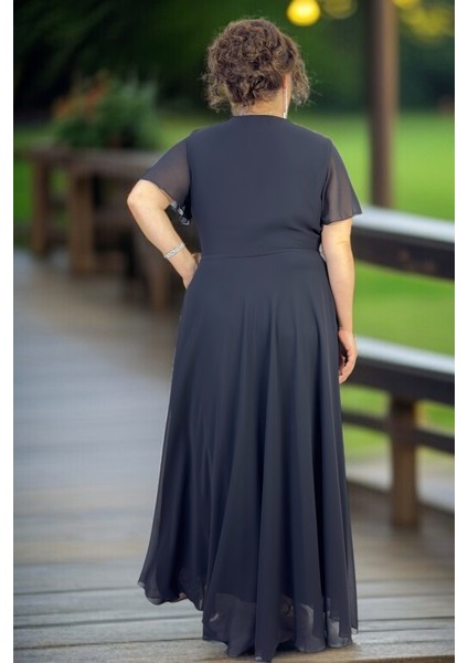 Kruvaze Göğüs Melek Kol Payetli Astarlı Etek Büyük Beden Şifon Abiye Elbise fiyatları