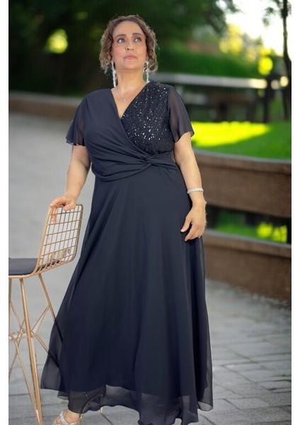 Kruvaze Göğüs Melek Kol Payetli Astarlı Etek Büyük Beden Şifon Abiye Elbise fırsatları