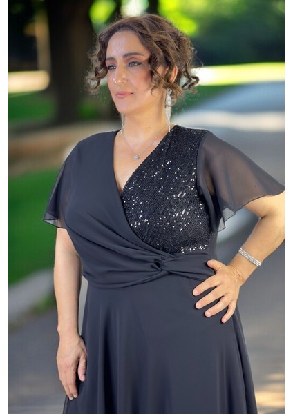 Kruvaze Göğüs Melek Kol Payetli Astarlı Etek Büyük Beden Şifon Abiye Elbise indirimleri