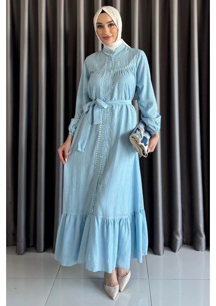 Boydan Düğmeli Fırfırlı Bel Kuşak Detaylı Tesettür Elbise P-00017561