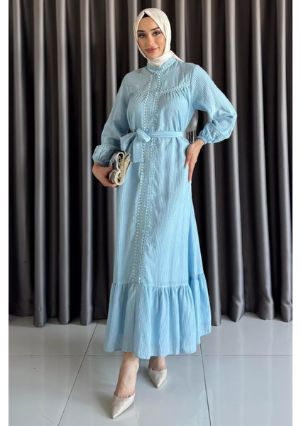 Boydan Düğmeli Fırfırlı Bel Kuşak Detaylı Tesettür Elbise P-00017561 fiyatları