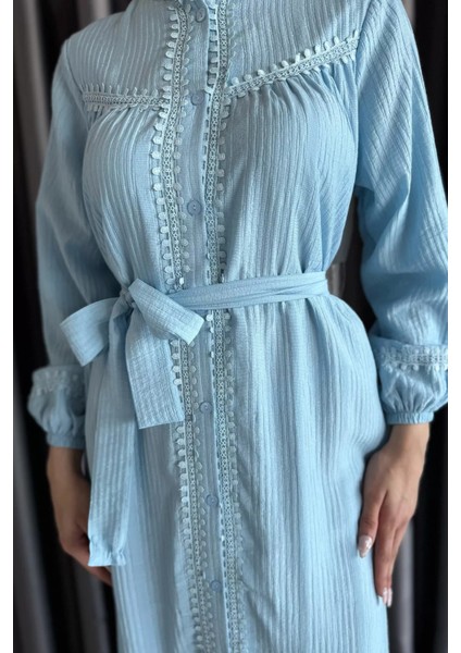 Boydan Düğmeli Fırfırlı Bel Kuşak Detaylı Tesettür Elbise P-00017561 modelleri