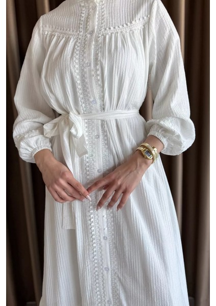 Boydan Düğmeli Fırfırlı Bel Kuşak Detaylı Tesettür Elbise P-00017561 modelleri