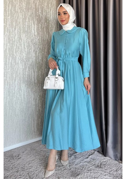 Bebe Yaka Ön Düğme Detaylı Pileli Kuşaklı Tesettür Elbise P-00017560