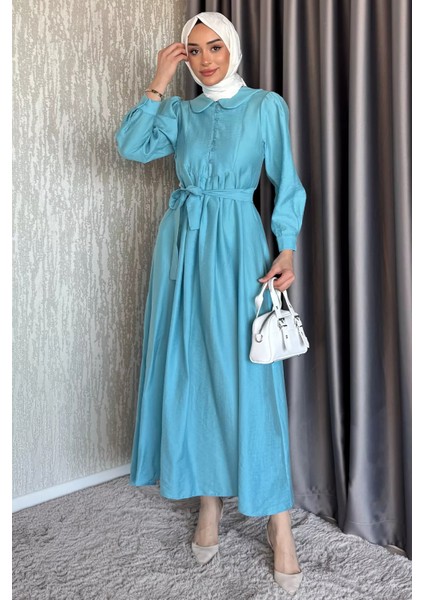 Bebe Yaka Ön Düğme Detaylı Pileli Kuşaklı Tesettür Elbise P-00017560 fiyatları