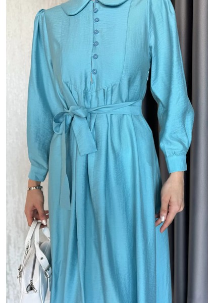 Bebe Yaka Ön Düğme Detaylı Pileli Kuşaklı Tesettür Elbise P-00017560 modelleri