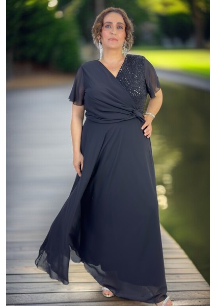 Kruvaze Göğüs Melek Kol Payetli Astarlı Etek Büyük Beden Şifon Abiye Elbise