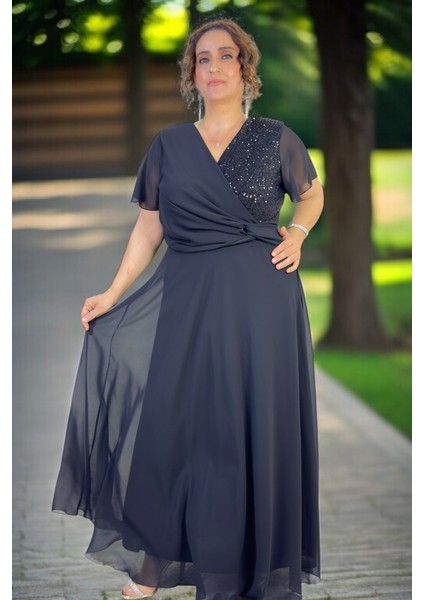 Kruvaze Göğüs Melek Kol Payetli Astarlı Etek Büyük Beden Şifon Abiye Elbise fırsatları