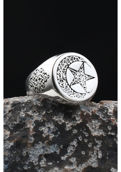 Bismillah ve Kelime-I Tevhid Yazlı Ay Yıldızlı (Ayyıldızlı) 925 Ayar Gümüş Erkek Yüzük 901925