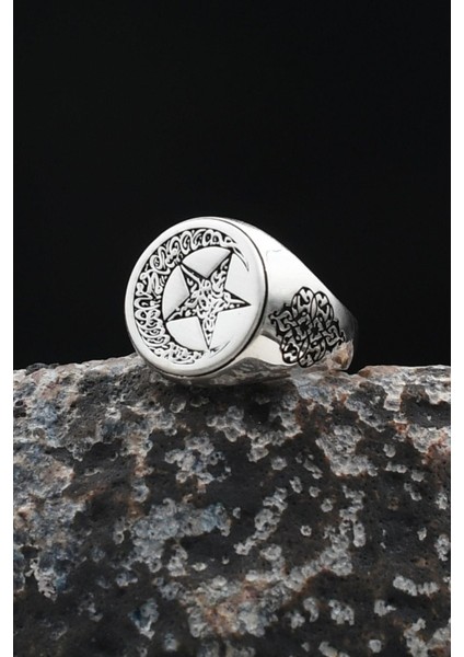 Bismillah ve Kelime-I Tevhid Yazlı Ay Yıldızlı (Ayyıldızlı) 925 Ayar Gümüş Erkek Yüzük 901925 fiyatları