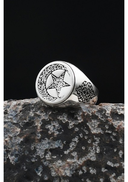Bismillah ve Kelime-I Tevhid Yazlı Ay Yıldızlı (Ayyıldızlı) 925 Ayar Gümüş Erkek Yüzük 901925 modelleri