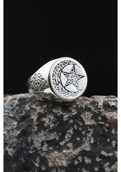 Bismillah ve Kelime-I Tevhid Yazlı Ay Yıldızlı (Ayyıldızlı) 925 Ayar Gümüş Erkek Yüzük 901925 fırsatları
