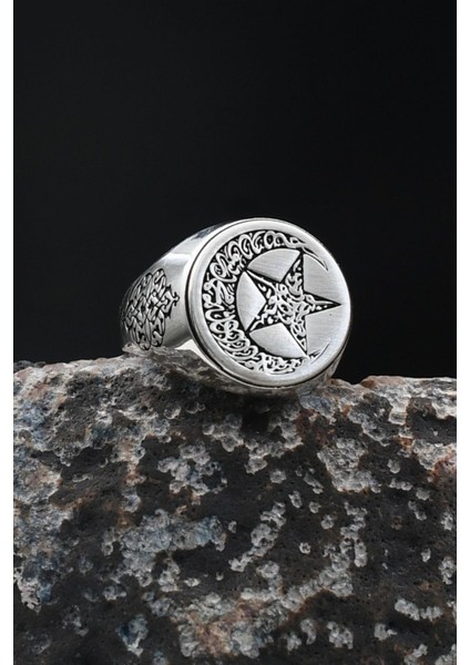 Bismillah ve Kelime-I Tevhid Yazlı Ay Yıldızlı (Ayyıldızlı) 925 Ayar Gümüş Erkek Yüzük 901925 indirimleri