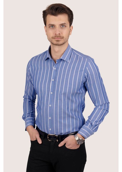 Mavi Beyaz Çizgili Slimfit Erkek Gömlek indirimleri