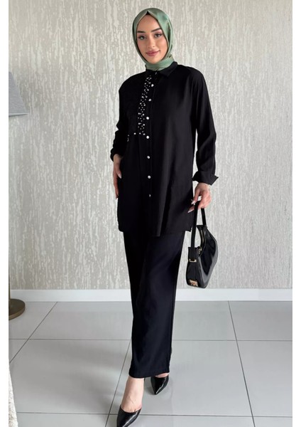 Dantelli Taşlı Tesettür Tunik Pantolon Ikili Takım P-00017622