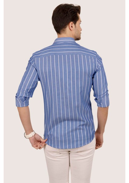 Mavi Beyaz Çizgili Slimfit Erkek Gömlek