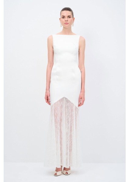 Dantel Detaylı Uzun Elbise Kemik 12445476000 fırsatları
