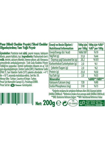 Cheddar Dilimli Peynir 200 g modelleri