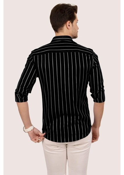 Siyah Beyaz Çizgili Slimfit Erkek Gömlek