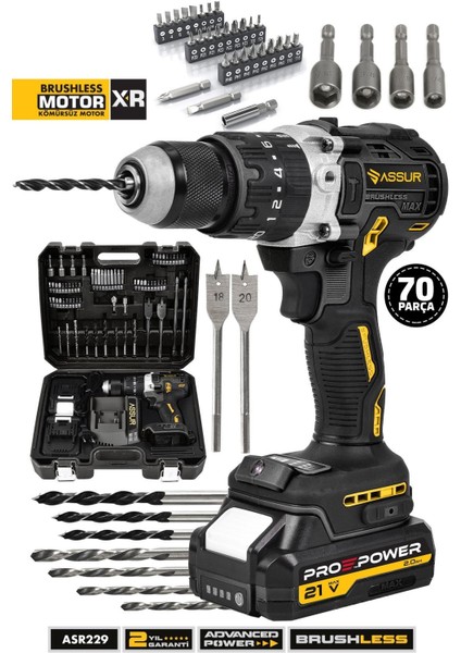 21V Çift Akülü Darbeli Matkap, Çelik Mandren, Kömürsüz Motor, Şarjlı Kullanım