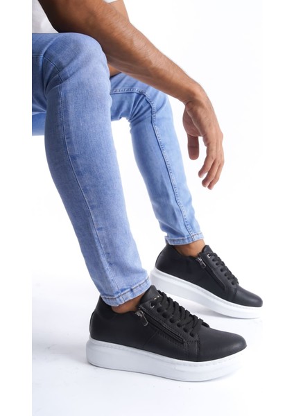 ET155 Warrior Bağcıklı ve Fermuarlı Cilt Erkek Günlük Sneaker Ayakkabı Bt - Siyah