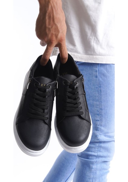 ET155 Warrior Bağcıklı ve Fermuarlı Cilt Erkek Günlük Sneaker Ayakkabı Bt - Siyah