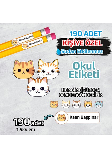 Okul Etiketi Isme Özel Kalem Defter Etiketi (Sevimli Kediler) -190 Adet