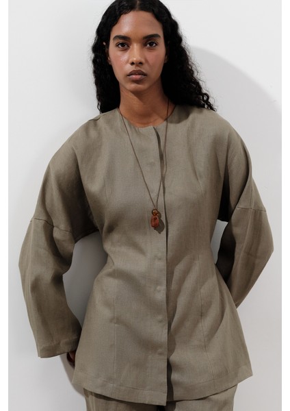 Keten Oturtmalı Ceket Haki