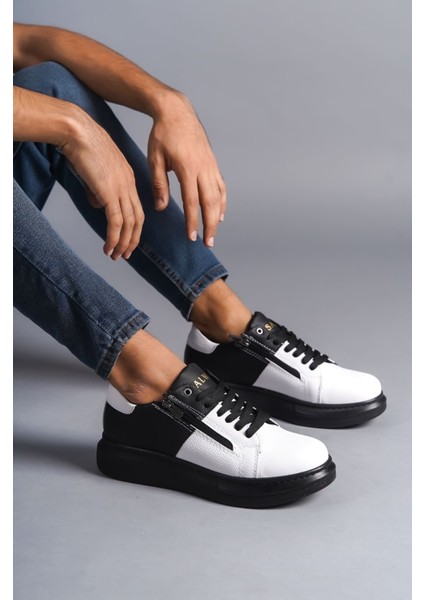 ET155 Warrior Bağcıklı ve Fermuarlı Cilt Erkek Günlük Sneaker Ayakkabı St - Siyah/beyaz