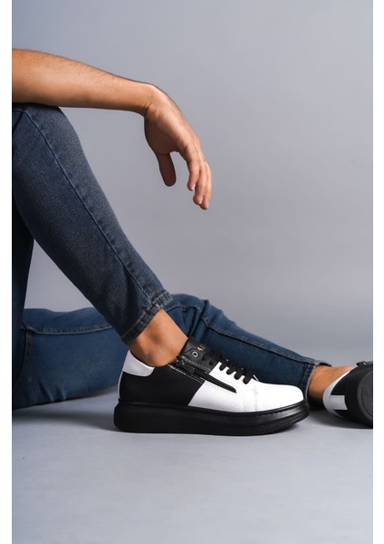 ET155 Warrior Bağcıklı ve Fermuarlı Cilt Erkek Günlük Sneaker Ayakkabı St - Siyah/beyaz