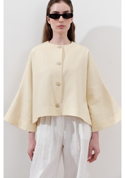 Keten Geniş Kollu Kısa Ceket Sarı