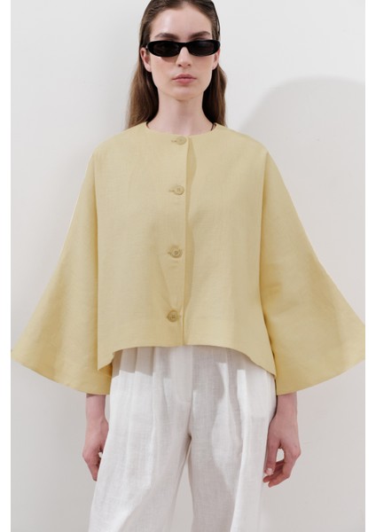 Keten Geniş Kollu Kısa Ceket Sarı modelleri