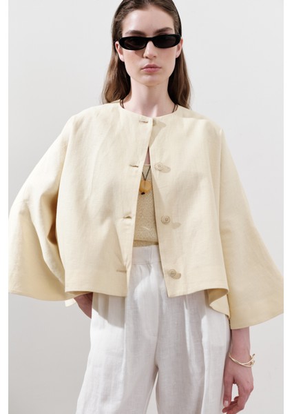 Keten Geniş Kollu Kısa Ceket Sarı fırsatları