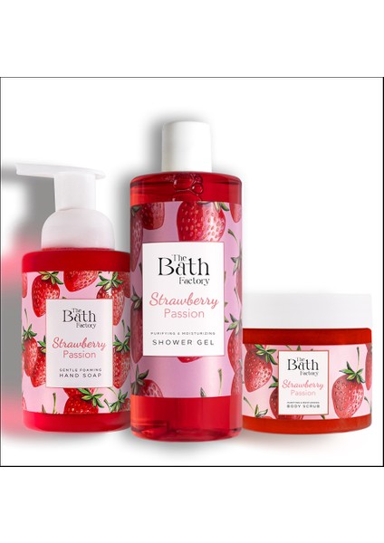 Çilekli Vücut Peelingi + Çilekli Duş Jeli + Çilekli Köpük Sabun