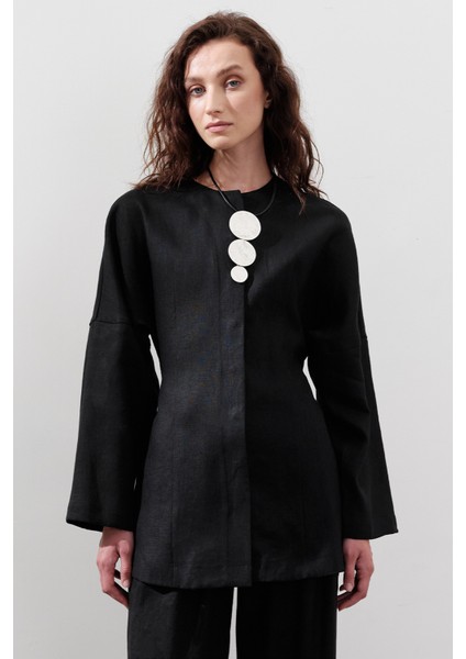 Keten Oturtmalı Ceket Siyah