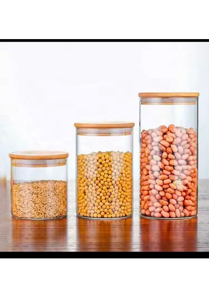 3 Adet Bambu Kapaklı Vakumlu Cam Kavanoz Bakliyat Şeker Çay Saklama Kabı 1300-1100-800ML