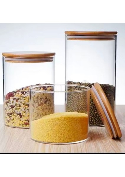 3 Adet Bambu Kapaklı Vakumlu Cam Kavanoz Bakliyat Şeker Çay Saklama Kabı 1300-1100-800ML fiyatları