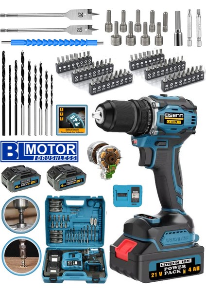 Mavi Drive Darbeli Şarjlı Matkap 21V 4AH Fırçasız Motor 84 Parça Set