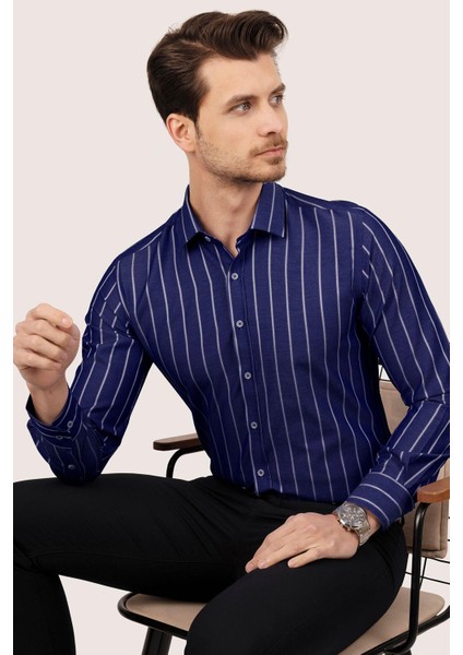 Lacivert Beyaz Çizgili Slimfit Erkek Gömlek fiyatları
