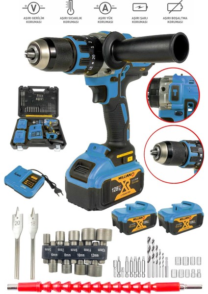 128V 10AH Darbeli Şarjlı Matkap Seti, Çift Akülü, Metal Şanzıman, 39 Parça