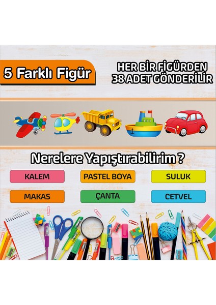 Okul Etiketi Isme Özel Kalem Defter Etiketi (Araç Temalı) -190 Adet modelleri