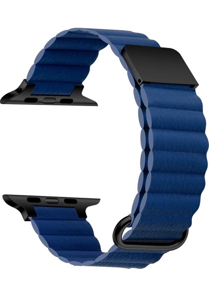 Apple Watch 9 (45MM) Uyumlu Mıknatıslı Suni Deri Kordon-78 Lacivert
