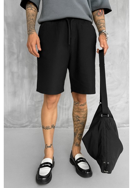 Erkek Beli Lastikli Keten Görünümlü Baggy Şort Siyah
