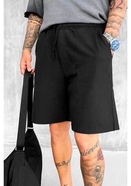 Erkek Beli Lastikli Keten Görünümlü Baggy Şort Siyah fiyatları