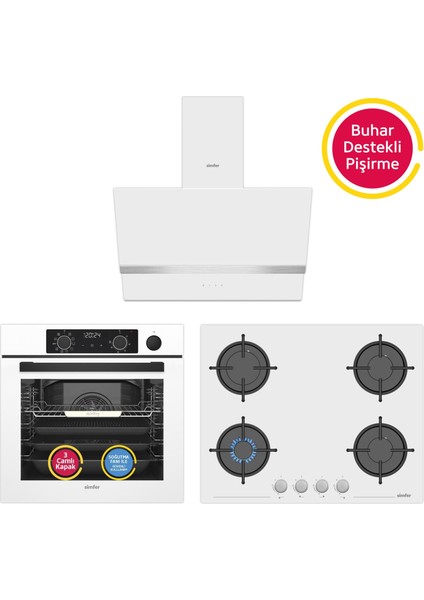11 Fonksiyon Steam Master Beyaz 3'lü Ankastre Set (8245 Fırın - 3654 Ocak - 8739 Davlumbaz)