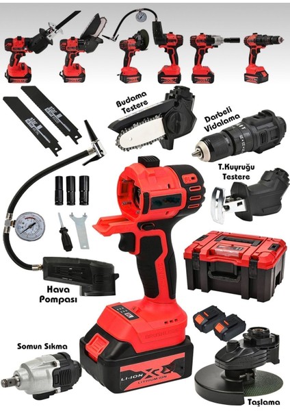 6'lı Set: Taşlama, Vidalama, Hava Pompası, Dal Budama ve Sıkma Aletleri modelleri
