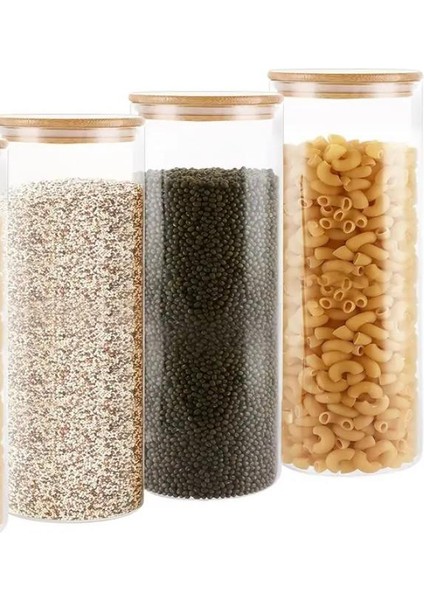 3 Adet 1100 ml Bambu Kapaklı Lüks Yuvarlak Bakliyat Seti ve Kavanozu