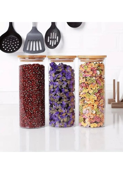 3 Adet 1100 ml Bambu Kapaklı Lüks Yuvarlak Bakliyat Seti ve Kavanozu